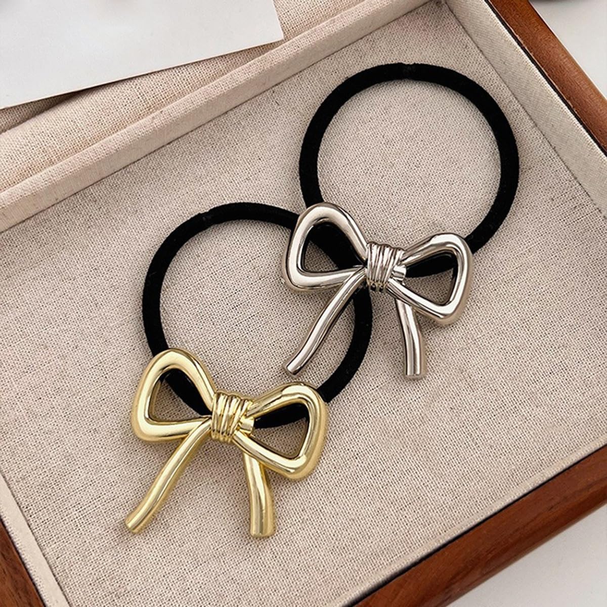 S.A.V.I 2pcs Elastic Hair Ties with Big Alloy Metal Bow | Stylish Gold & Silver Hair Accessories for Women & Girls | Durable Black Ponytail Holders | Cute Rubber Bands Size 4.5 x 4.6 cm