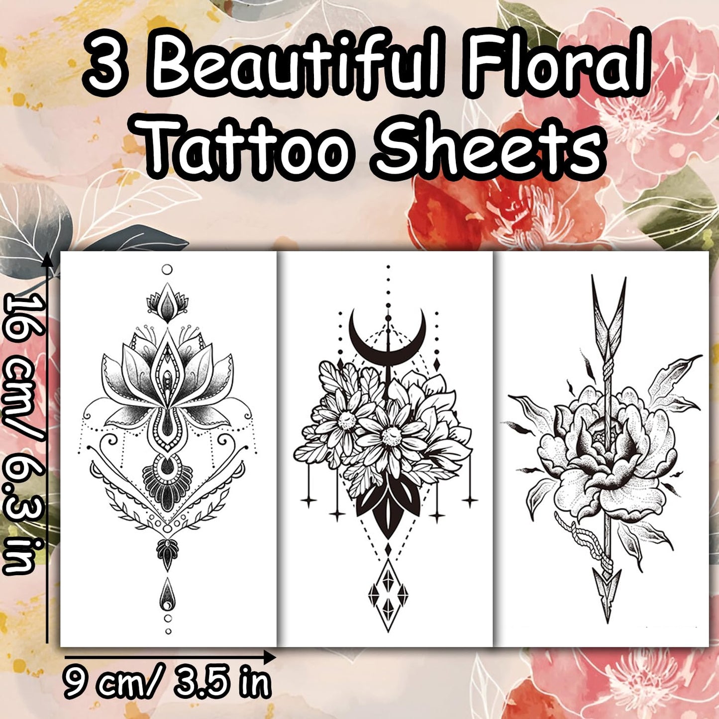 S.A.V.I 3 Pcs Large Floral Temporary Tattoos for Women – 16x9 cm Black Waterproof Body Art – Safe Non-Toxic Long-Lasting Arm, Back, Neck Tattoo Stickers – Mandala, Moon, Arrow Designs (02)