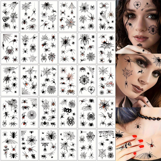 S.A.V.I 30 Pcs Spider Web Temporary Tattoos for Kids & Adults – Safe Non-Toxic Black & Red Halloween Designs, Waterproof Body Art Stickers – 9.7x5.7 cm Sheets, Long Lasting for Face, Arms, Hands (15)