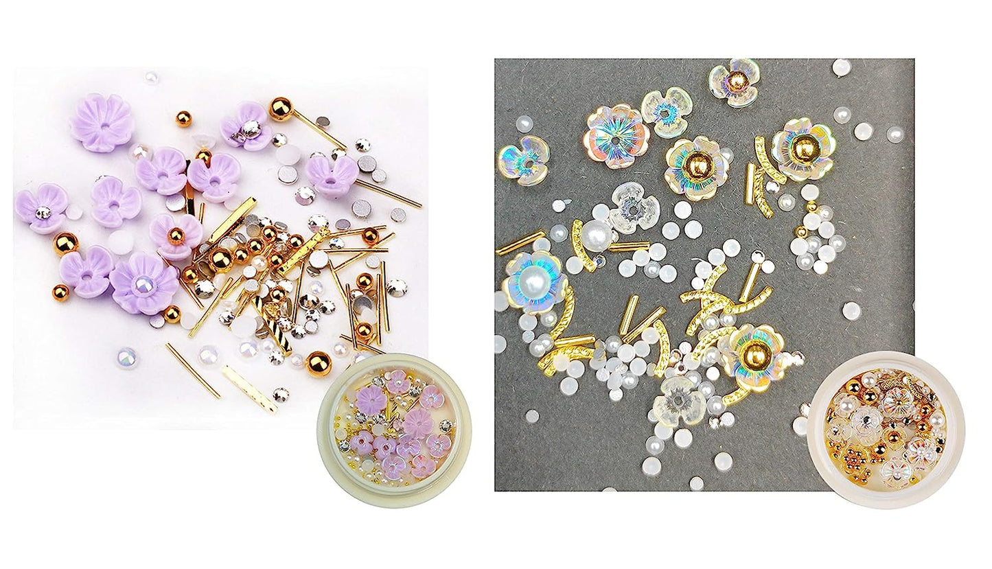S.A.V.I (Set of 2) Nail Art Set Rhinestone Resin Decoration Shell Flower AB White Purple Color