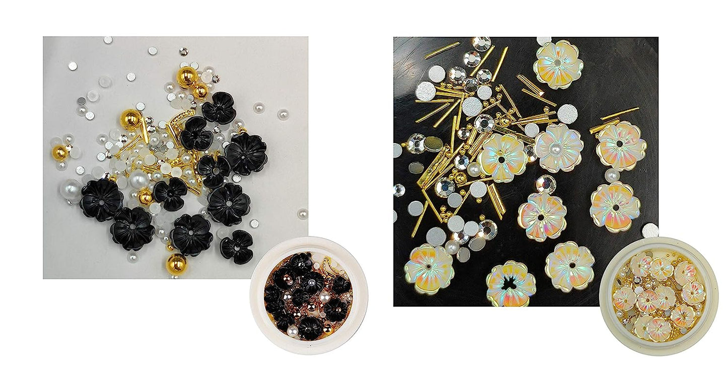 S.A.V.I (Set of 2) Nail Art Set Rivet Rhinestone Resin Decoration Shell Flower Black White Pearl Golden Beads