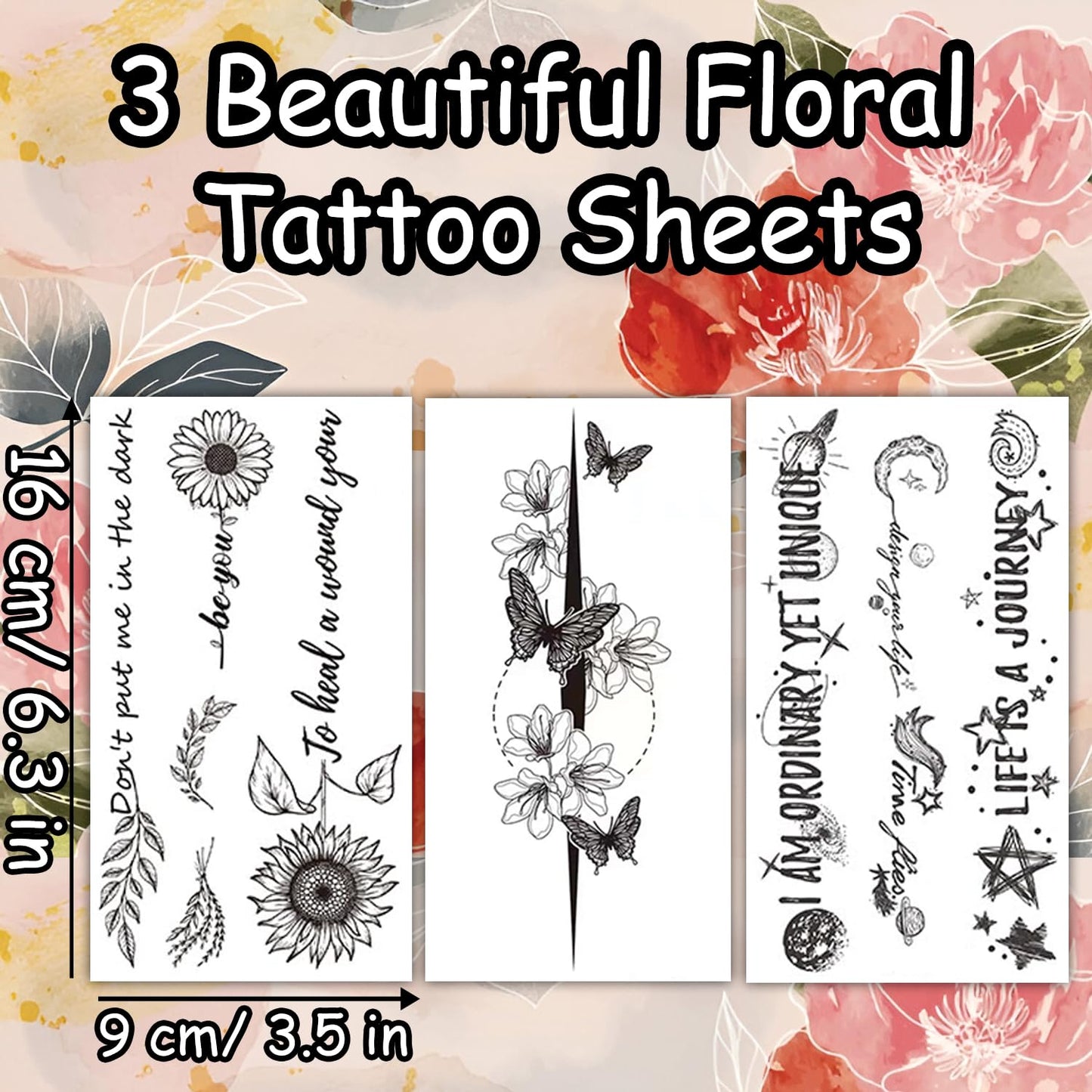 S.A.V.I 3 Pcs Black Floral Temporary Tattoo Stickers for Women & Girls – 16x9 cm Safe Non-Toxic Body Art – Waterproof Butterfly, Sunflower, Quotes Design for Arm, Back & Shoulder (11)