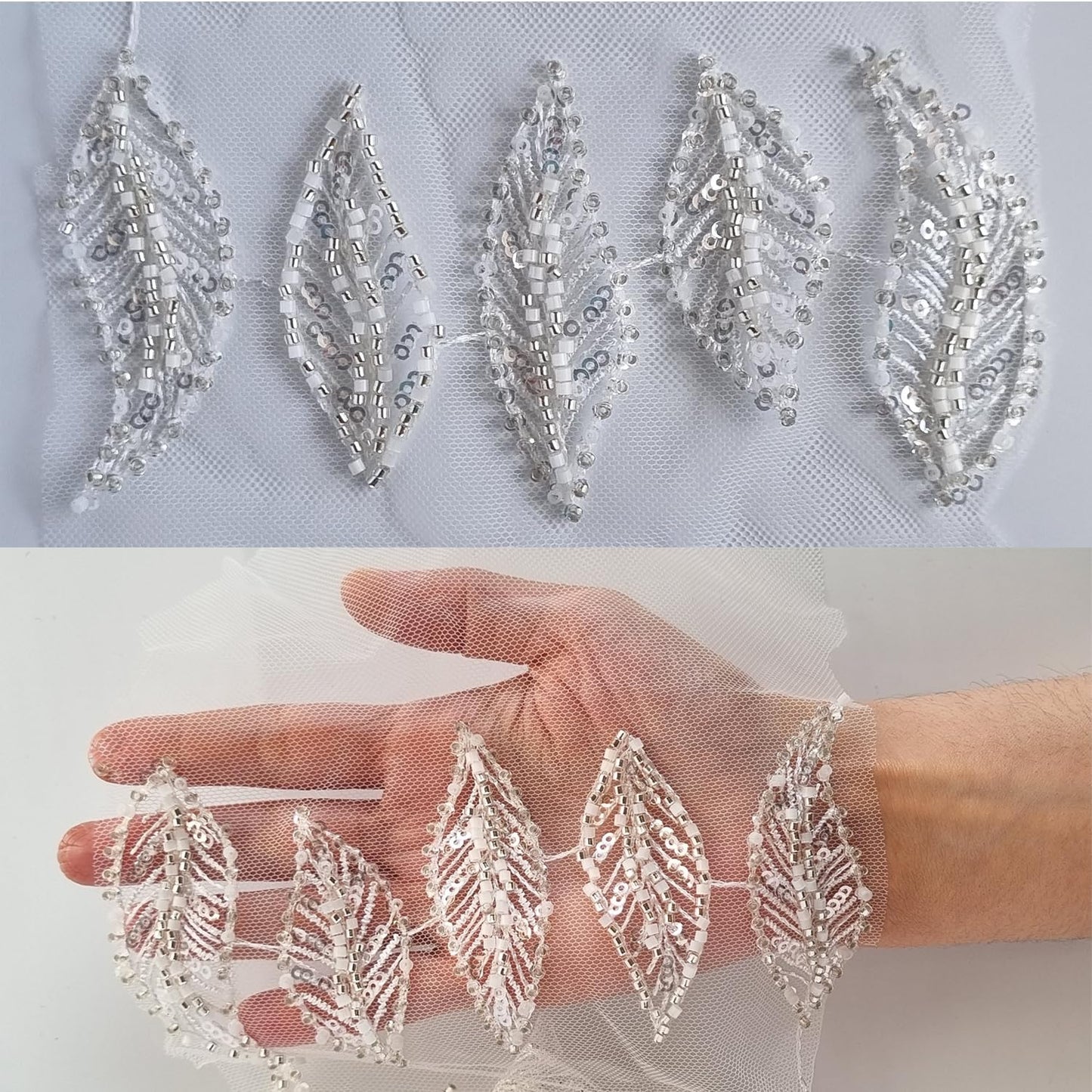 S.A.V.I 5Pcs 3D White  Silver Beaded Leaf Applique Patch Lace Fabric | Sequins  Beads Embroidered Mesh | 3x1 in | DIY Craft  Sewing | Bridal Wear, Lehenga, Saree, Blouse, Gown, Dresses Embellishment