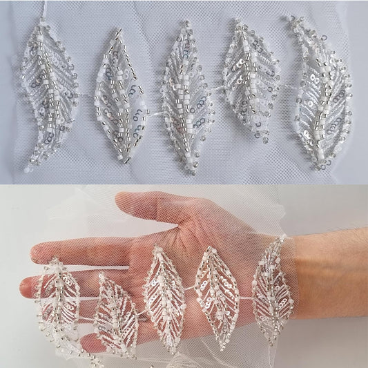 S.A.V.I 5Pcs 3D White  Silver Beaded Leaf Applique Patch Lace Fabric | Sequins  Beads Embroidered Mesh | 3x1 in | DIY Craft  Sewing | Bridal Wear, Lehenga, Saree, Blouse, Gown, Dresses Embellishment
