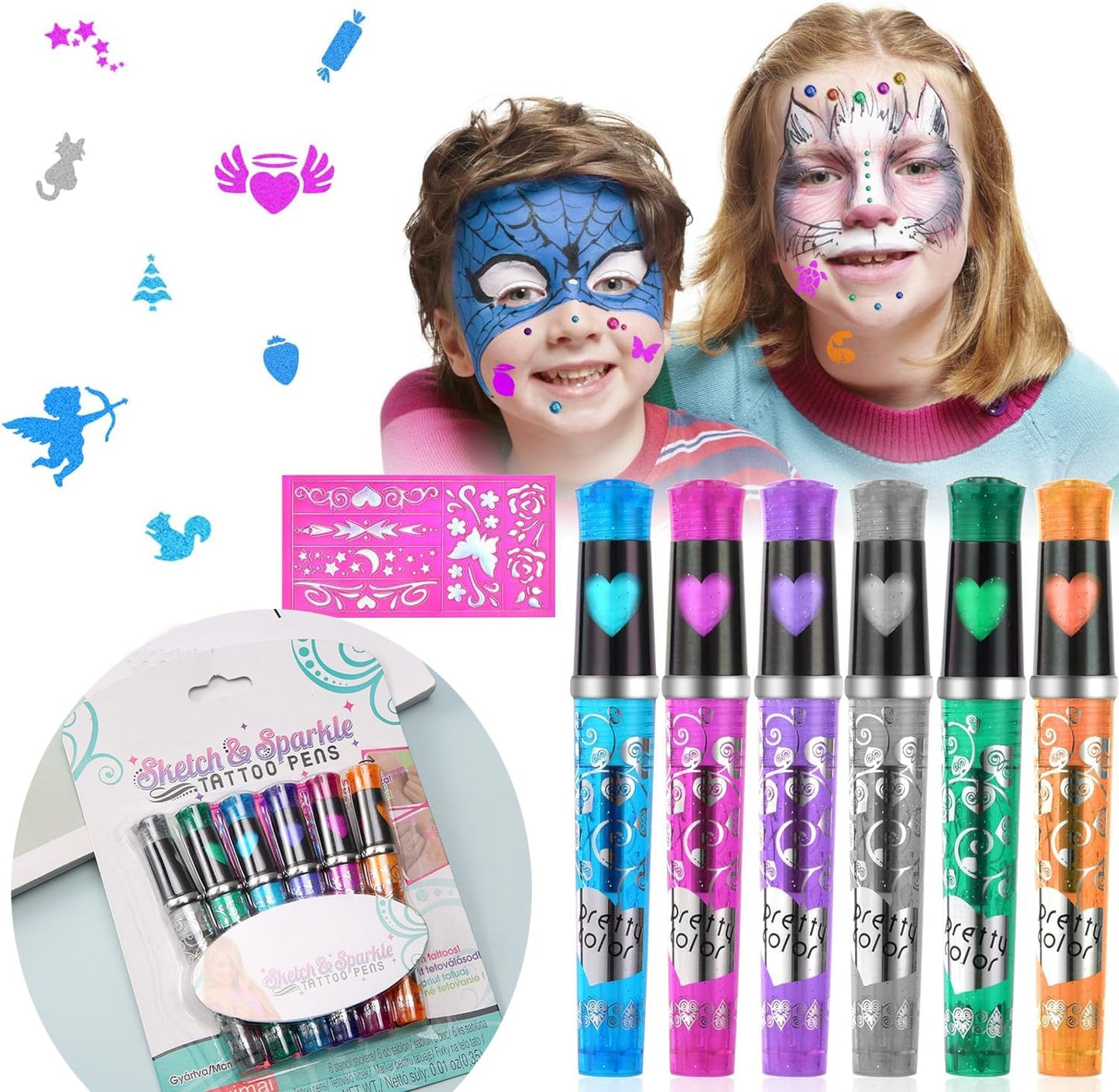 S.A.V.I 6PCS Glitter Tattoo Pens, 1 Stencil Washable Body Markers for Kids 8+