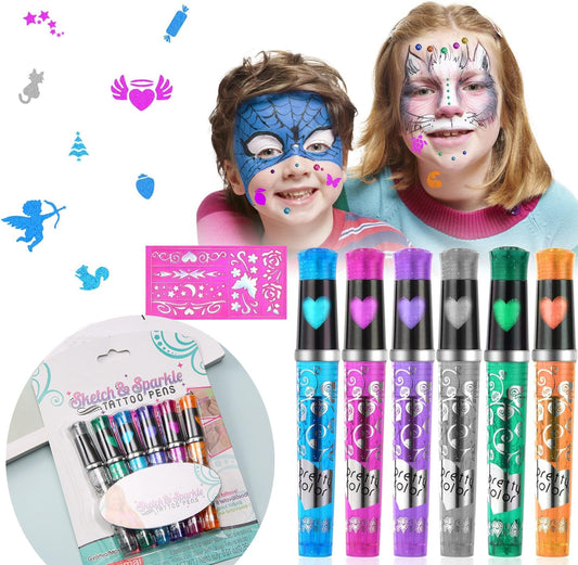 S.A.V.I 6PCS Glitter Tattoo Pens, 1 Stencil Washable Body Markers for Kids 8+