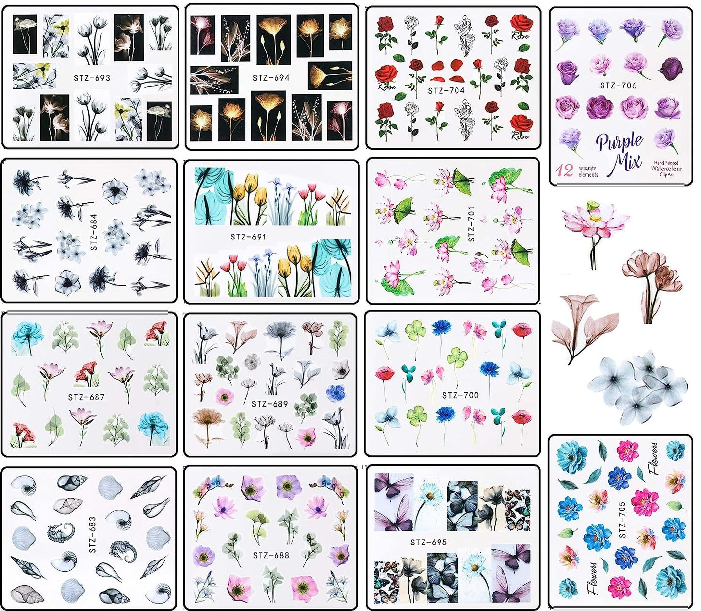 S.A.V.I 14 Sheets Set Flower Butterfly Roses Water Decals Nail Art Stickers, Nail Tattoo Stickers