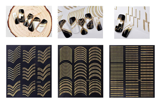 S.A.V.I 3 Sheets 3D Nail Art Tip Decoration DIY Gold Metal Self-Adhesive Wave Line Stickers Stripes For Manicure
