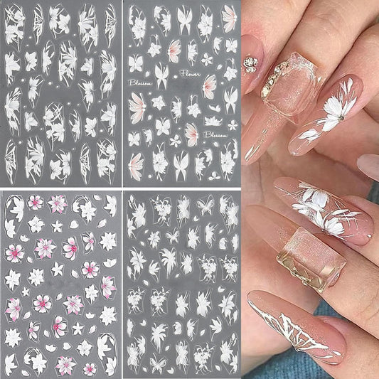 S.A.V.I 3D White  Pink Floral Butterfly Nail Art Stickers (4 PCs) | Big Flower Self-Adhesive Decals, Acrylic  Natural Nails | Waterproof, Long-Lasting, DIY Manicure Accessories for Women