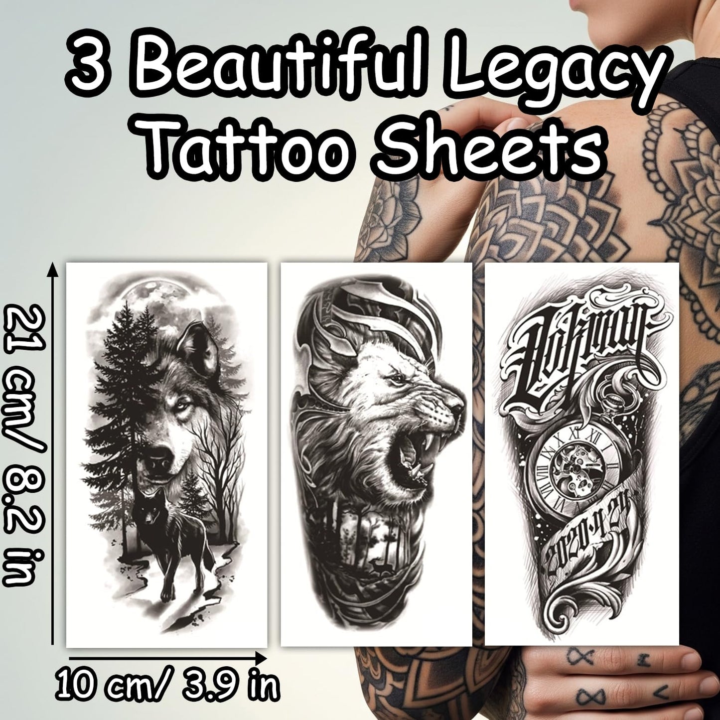 S.A.V.I 3 Pcs Large Temporary Tattoo Sheets for Men – Wolf, Lion & Clock Design – Realistic Black Waterproof Removable Arm Sleeve Tattoos – 21x10cm Safe Non-Toxic Body Art for Parties & Events (#01)