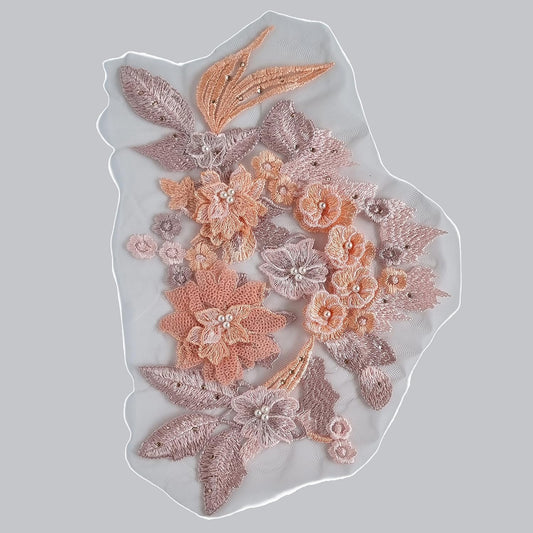 S.A.V.I 3D Floral Embroidered Applique Patch | Peach  Gold Mesh Lace Fabric (30x20cm) | Sew-On for Bridal Wear, Lehengas, Sarees, Gowns, Blouses, DIY Dresses  Craft Sewing Accessories
