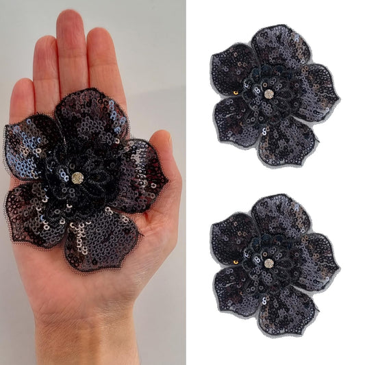 S.A.V.I 2PCs Black 3D Floral Sequin Applique Patch | 3.5” Sew-On Mesh Lace Embellishment for DIY Dresses, Bridal Wear, Lehenga, Saree, Blouse, Gown, Craft  Sewing Accessories (Black)