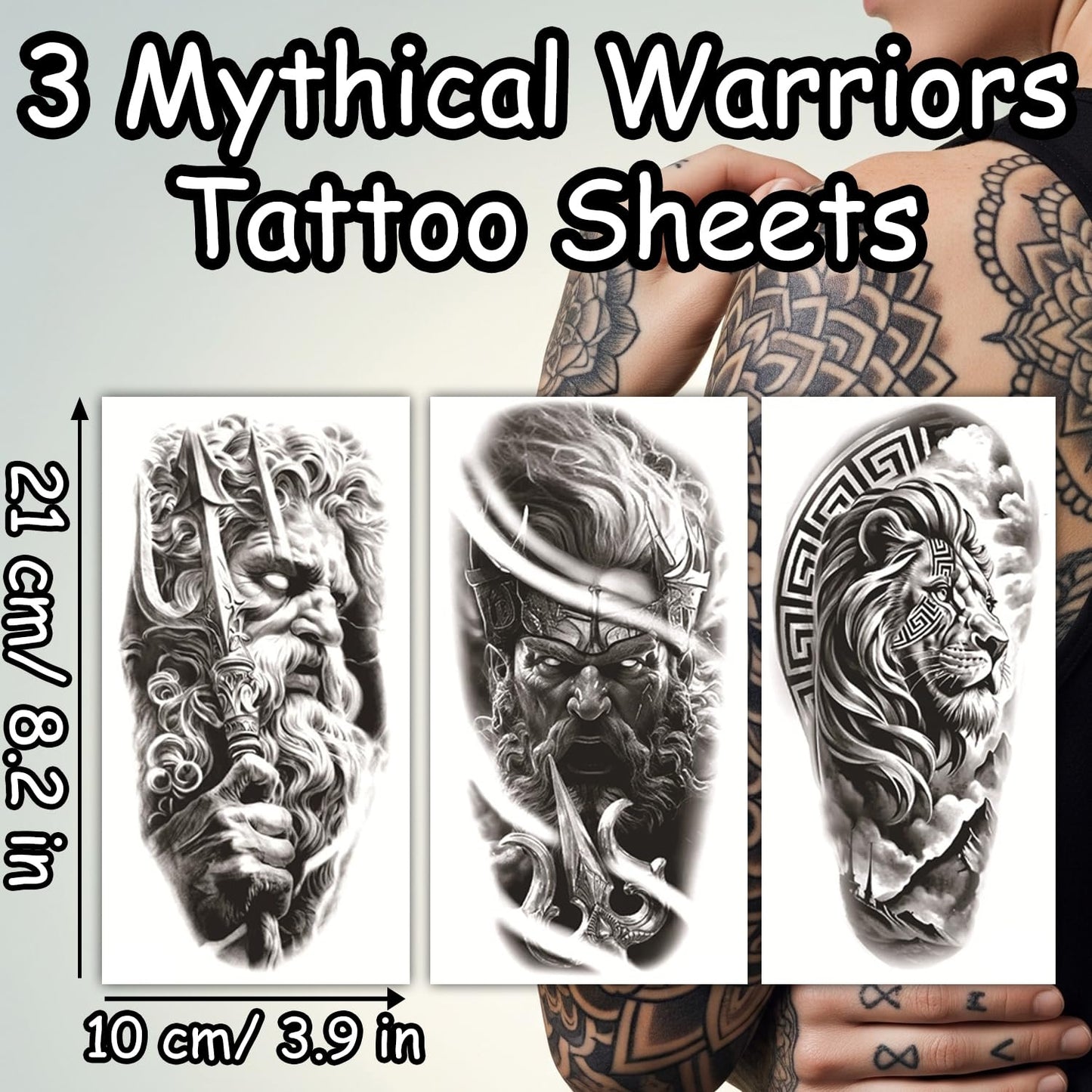 S.A.V.I 3 PCS Large Temporary Tattoo Stickers for Men – Mythical Warrior & Lion Design, Black Waterproof Body Art, 21x10 cm, Safe Non-Toxic, Long-Lasting Arm & Shoulder Tattoos