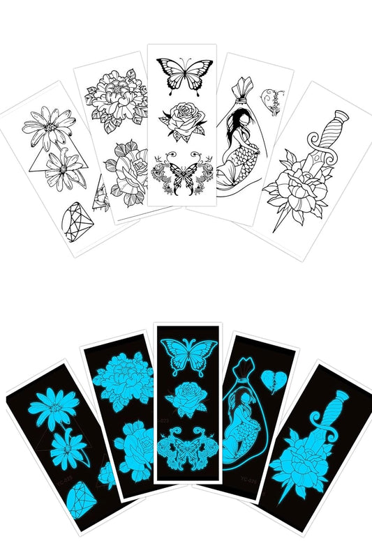 S.A.V.I 5 PCS. Girls Women Temporary Tattoo Stickers, Glow In Dark Temporary Tattoo for Girls, Butterflies, Flowers, Mermaid, Dagger Tattoos Waterproof Tattoo Water Transfer Stickers For Men Women