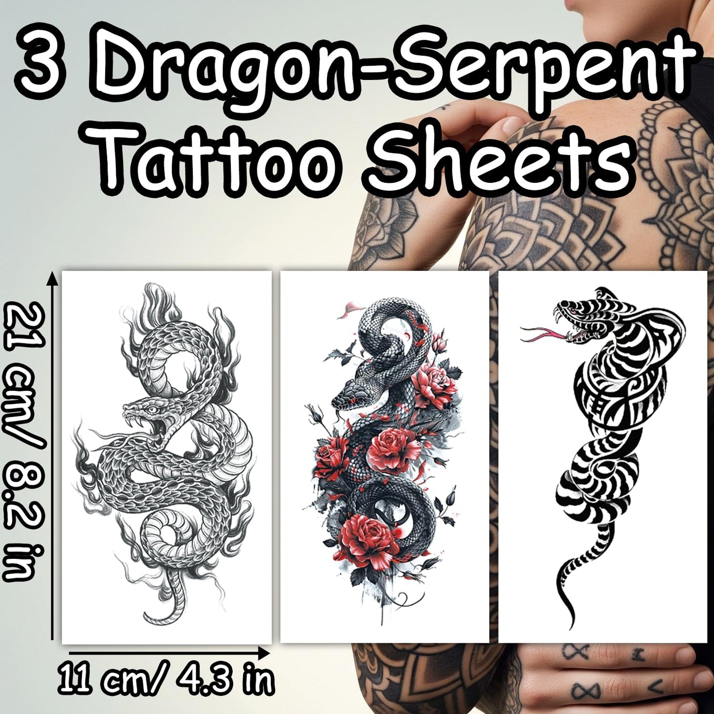 S.A.V.I 3Pcs Large Dragon Serpent Temporary Tattoo Sheets for Men & Women | 21x11cm Waterproof Snake Tribal Design Body Art Stickers | Safe, Non-Toxic & Long Lasting Black & Red Ink (Snake-2)