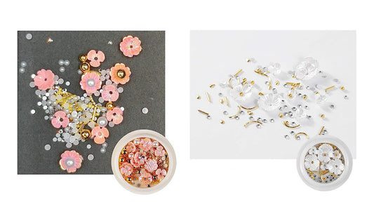 S.A.V.I (Set of 2) Nail Art Set Rivet Rhinestone Resin Decoration Shell Big White Flowers Pearls Golden beads Pink AB
