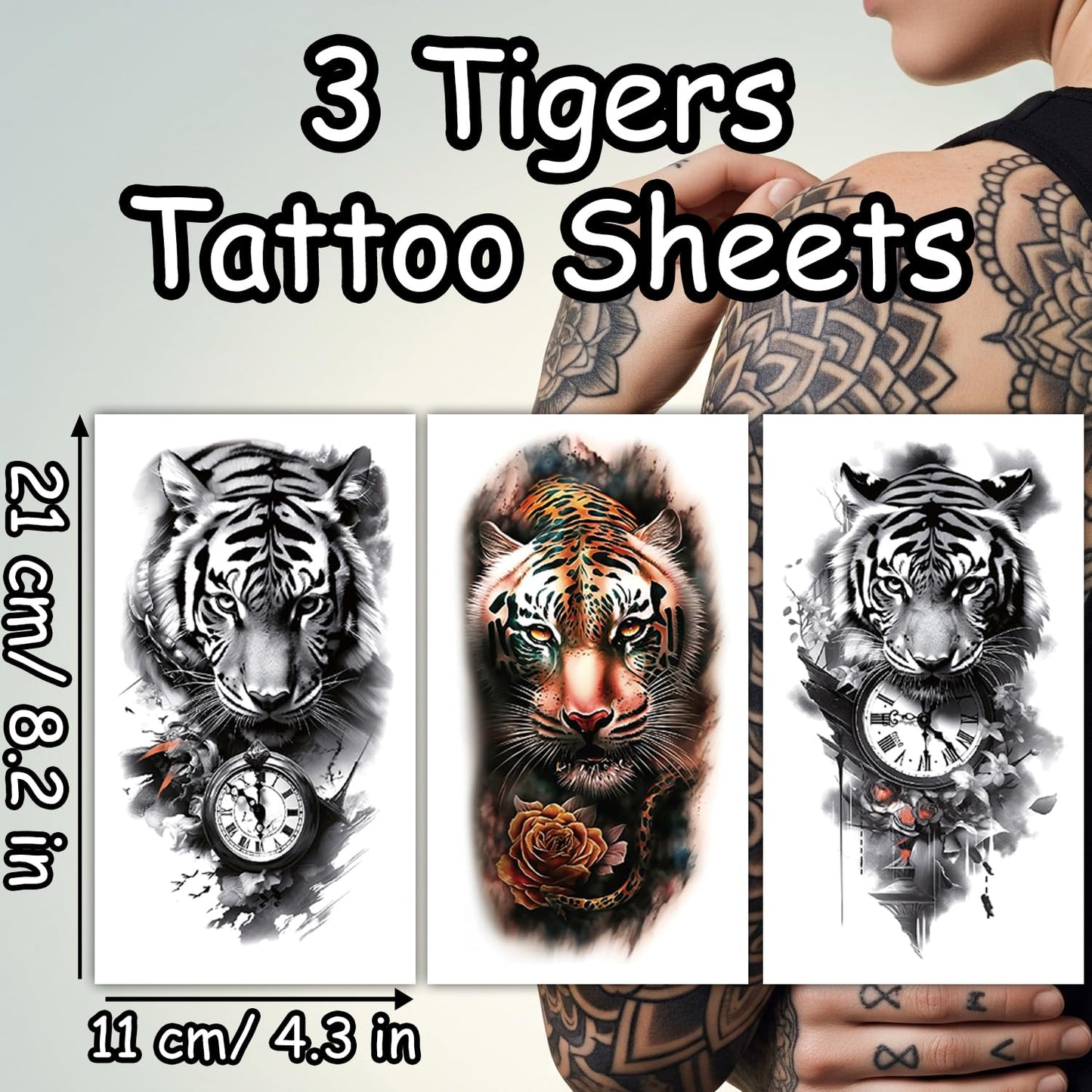 S.A.V.I 3Pcs Large Tiger Temporary Tattoos for Men Women (21x11cm) – Realistic Waterproof Arm Shoulder Chest Body Art with Clock & Rose – Safe Non-Toxic Long Lasting Tattoo Stickers (Tiger)