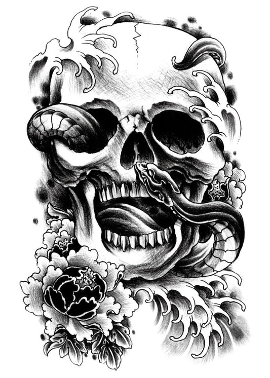 S.A.V.I Temporary Tattoo For Girls Men Women 3D Big Skull Face Snake Sticker Size 21x15CM - 1PC.