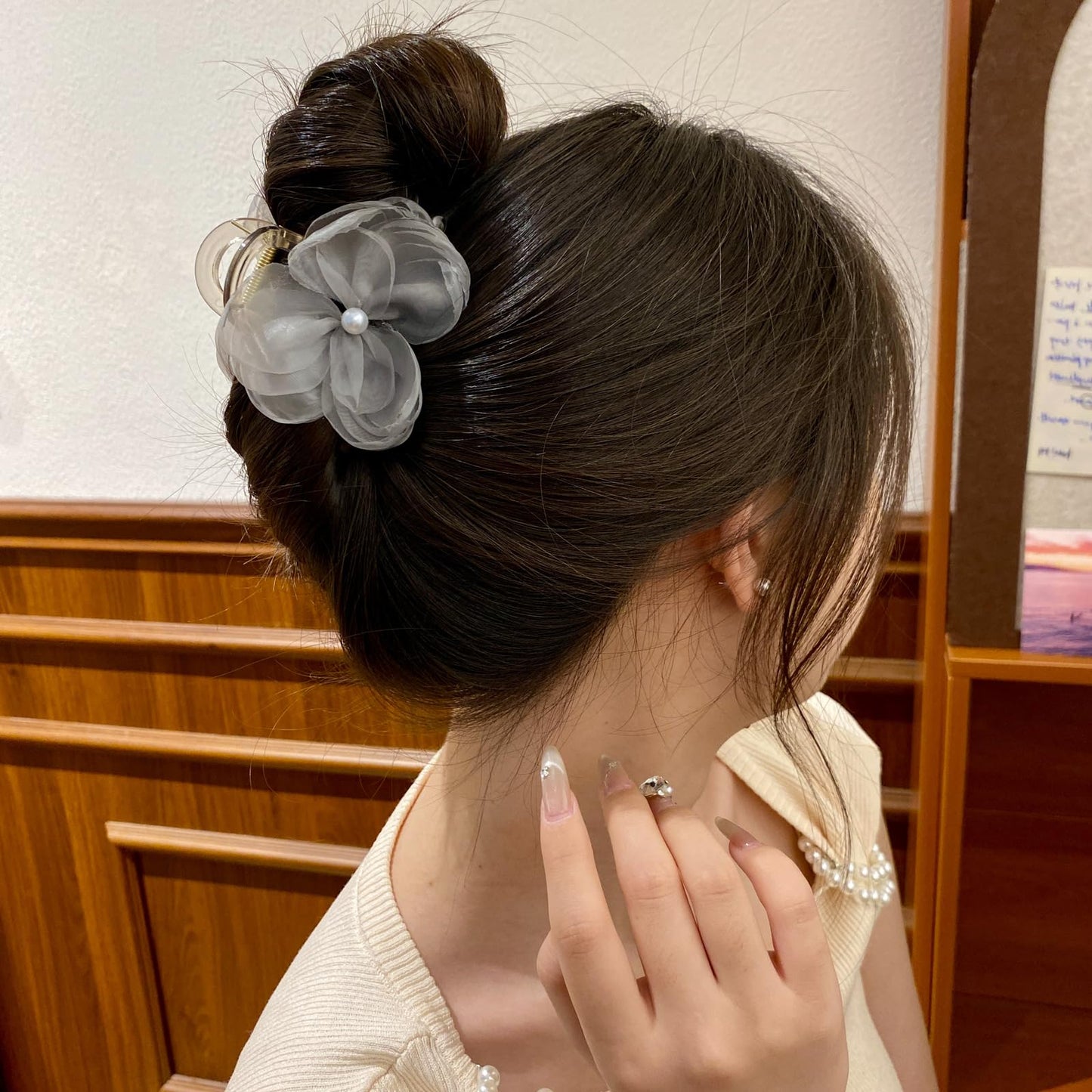 S.A.V.I Grey Flower Hair Claw Clip for Women & Girls | 8cm Fabric Floral Design with Pearl Center | Stylish Hair Accessory for Daily, Party, Festive & Traditional Outfits