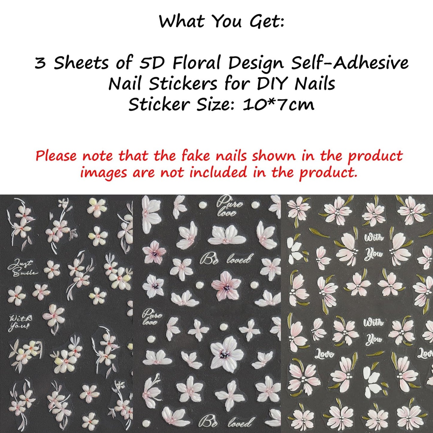 S.A.V.I 3 Sheets 5D Pink Floral Nail Art Stickers for Women – Self-Adhesive Decals, Easy Peel & Stick, Long-Lasting Manicure Decoration for Natural & Acrylic Nails, 10x7cm DIY Nail Designs