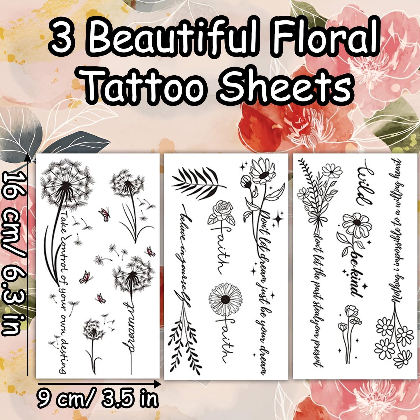 S.A.V.I 3 Pcs Floral Temporary Tattoo Stickers for Women & Girls – Safe Non-Toxic, Black Ink, Long Lasting, Waterproof, 16x9 cm, Dandelion & Flower Designs, Easy to Apply for Arms, Neck & Back (08)