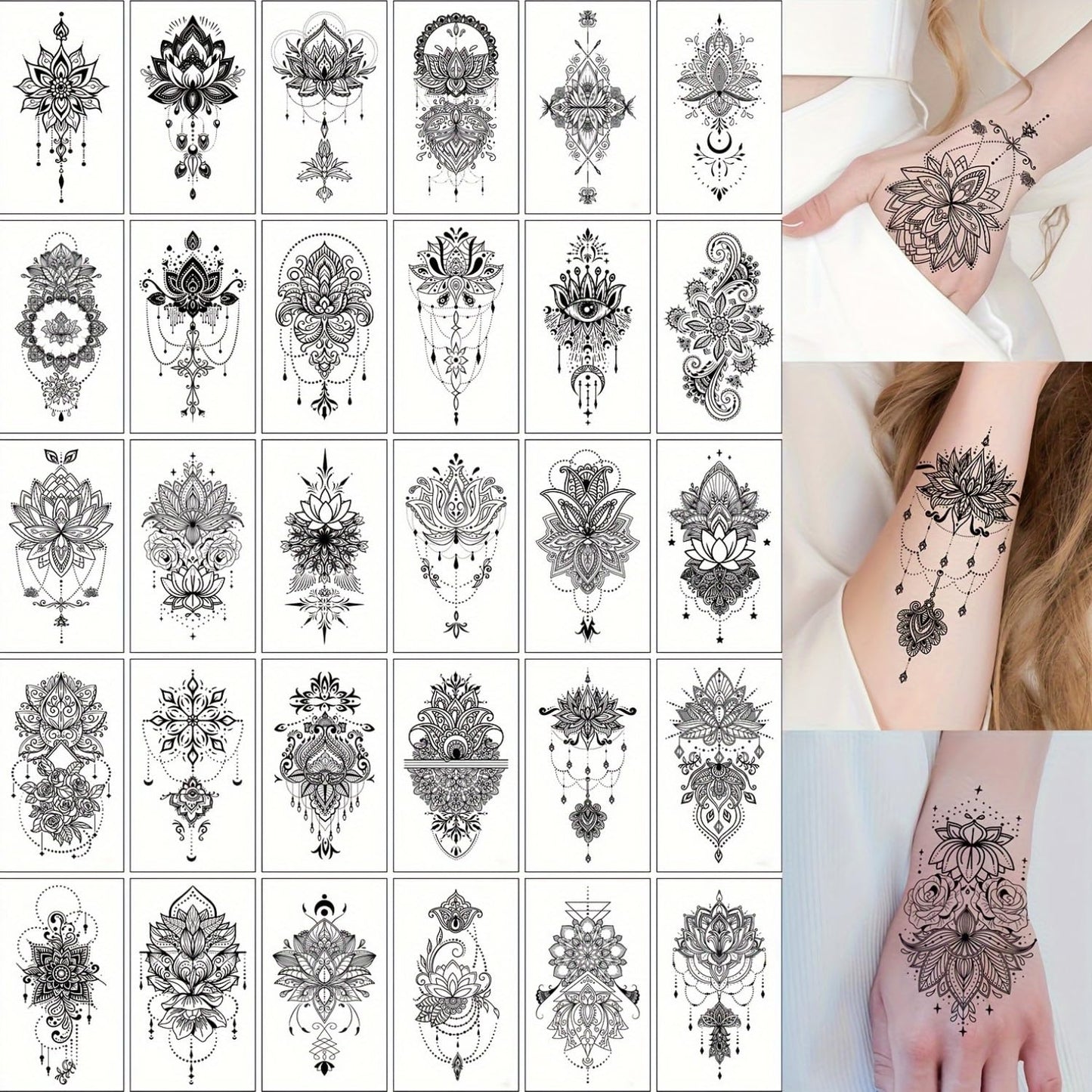 S.A.V.I 30 PCS Temporary Tattoos for Women & Girls – 9.7x5.7cm Black Mandala Mehndi Designs | Safe Non-Toxic Waterproof Body Art Stickers for Hand, Arm, Back, Foot | Floral & Boho Style (09)