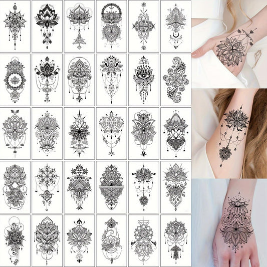 S.A.V.I 30 PCS Temporary Tattoos for Women & Girls – 9.7x5.7cm Black Mandala Mehndi Designs | Safe Non-Toxic Waterproof Body Art Stickers for Hand, Arm, Back, Foot | Floral & Boho Style (09)