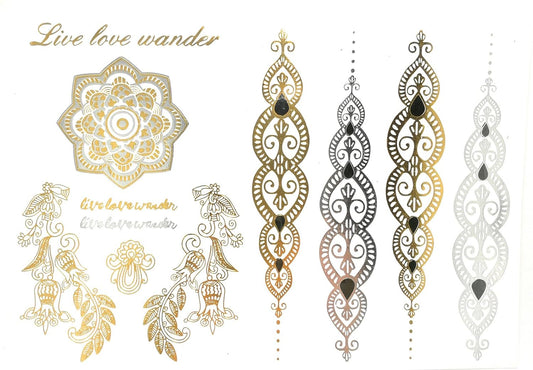 S.A.V.I 3D Temporary Tattoo Golden And Silver Metallic Sticker Feathers Design Size 21x15CM - 1PC. (91)