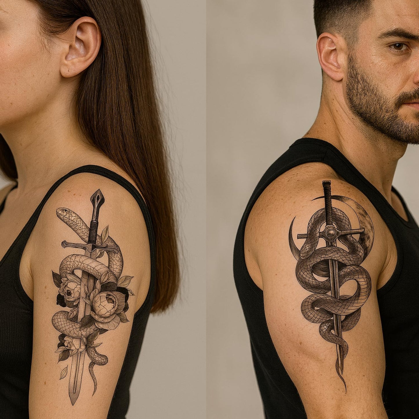 S.A.V.I 3 Serpentine Snake Sword Temporary Tattoo Sheets for Men & Women | Large 21x11cm Black Realistic Waterproof Non-Toxic Body Art Stickers – Long Lasting, Easy to Apply & Remove (Snake-1)