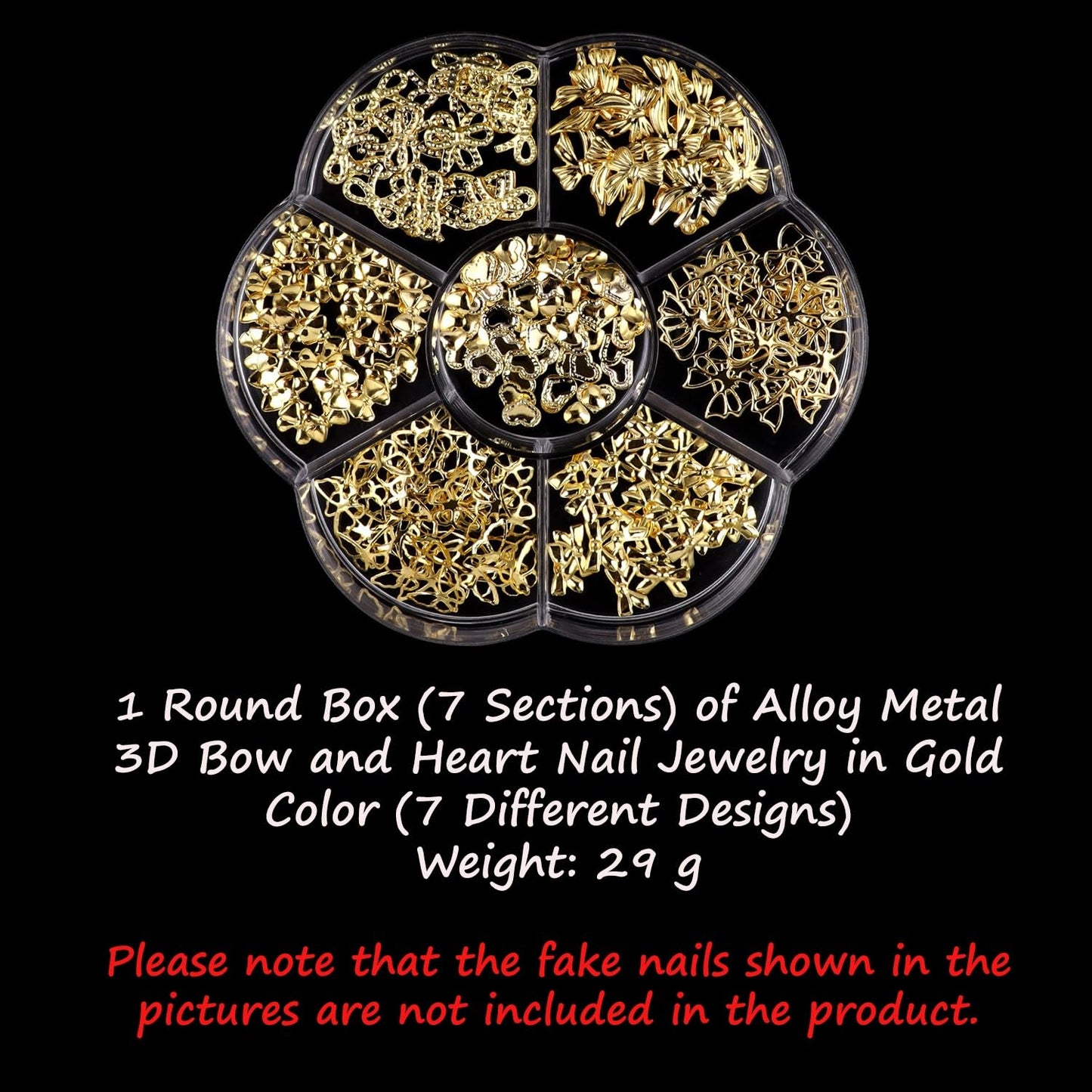 S.A.V.I Gold Alloy 3D Nail Art Charms Set – 7 Designs Bow & Heart Shapes, 8x10mm – Metal Nail Extensions & DIY Manicure Decorations for Women & Girls – 29g
