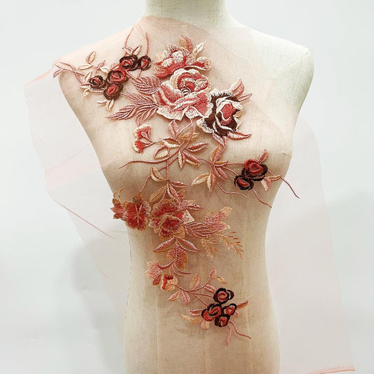 S.A.V.I 3D Floral Embroidered Applique Patch – Peach, Red  Gold Lace (19.6x8.2 in) | Sew-On Mesh Fabric for DIY Bridal Wear, Lehenga, Saree, Blouse, Gown, Kurti, Dupatta  Ethnic Craft Sewing Accessory