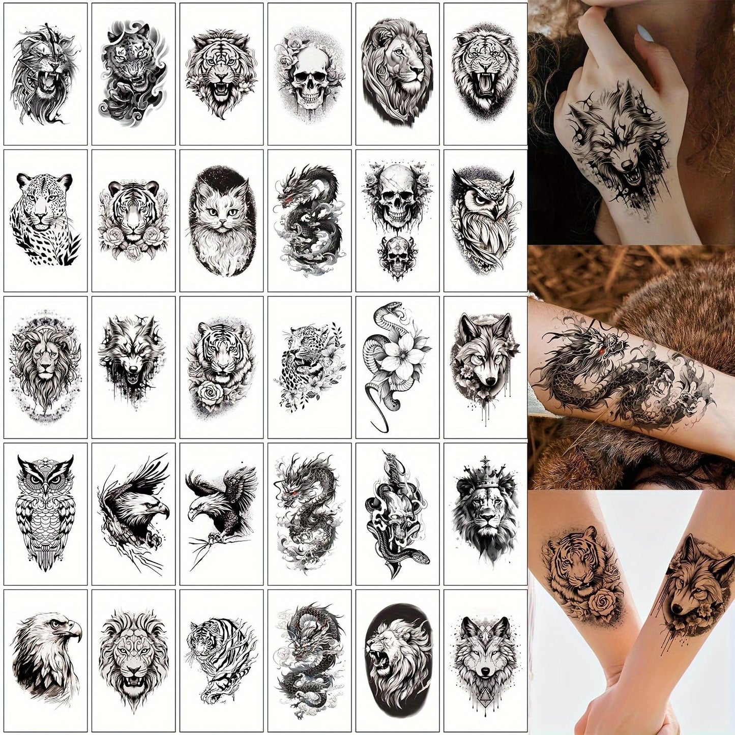 S.A.V.I 30 Pcs Black Temporary Tattoo Stickers for Men & Women – Waterproof, Safe, Non-Toxic Body Art, Realistic Animal & Skull Designs, 9.7x5.7 cm, Long Lasting Arm/Chest/Back Tattoos (10)
