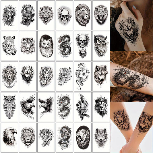 S.A.V.I 30 Pcs Black Temporary Tattoo Stickers for Men & Women – Waterproof, Safe, Non-Toxic Body Art, Realistic Animal & Skull Designs, 9.7x5.7 cm, Long Lasting Arm/Chest/Back Tattoos (10)
