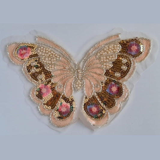 S.A.V.I 3D Butterfly Applique Patch – Gold  Peach Mesh Lace, Embroidered with Sequins  Beads (9.4x6.7 in) – Sew-On for Dresses, Bridal, Saree, Lehenga, Blouse, Gown, DIY Craft  Ethnic Wear