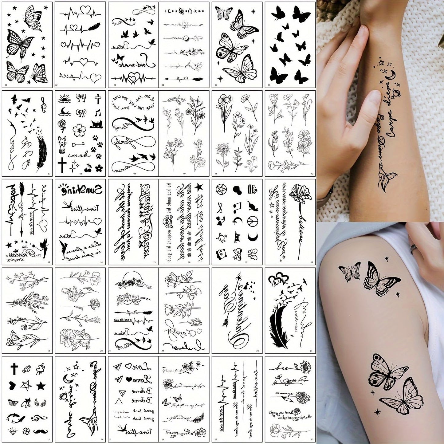 S.A.V.I 30 Pcs Black Temporary Tattoos for Women Girls – Waterproof, Safe & Non-Toxic Body Art Stickers | Minimalist Floral, Butterfly, Quote Designs | Easy to Apply & Remove | Skin-Friendly - 9.7x5.7 cm (02)