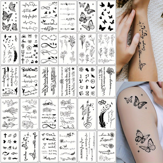 S.A.V.I 30 Pcs Black Temporary Tattoos for Women Girls – Waterproof, Safe & Non-Toxic Body Art Stickers | Minimalist Floral, Butterfly, Quote Designs | Easy to Apply & Remove | Skin-Friendly - 9.7x5.7 cm (02)