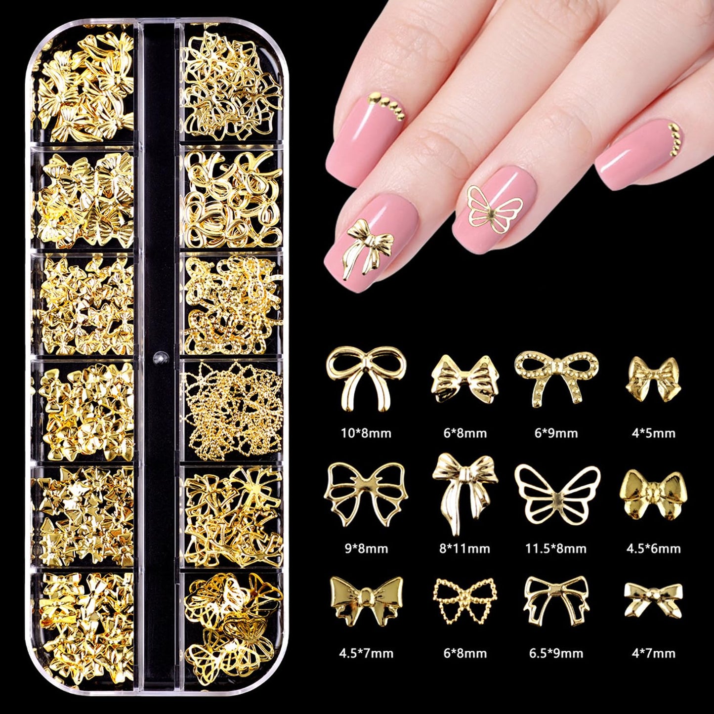 S.A.V.I Gold Alloy Bow Nail Art Decorations – 3D Metal Nail Charms (Box 30 g) 12 Stylish Designs for DIY Nail Extensions & Manicure – Nail Accessories for Women & Girls
