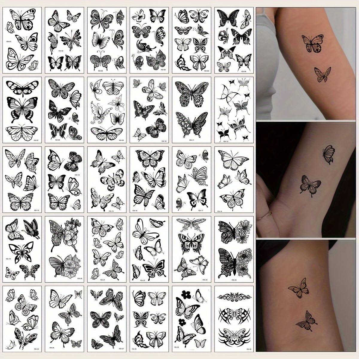 S.A.V.I 30 Pcs Black Butterfly Temporary Tattoos for Women & Girls | Safe Non-Toxic Waterproof Body Art Stickers | 9.7x5.7cm Minimal Design for Wrist, Neck, Shoulder | Easy to Apply & Remove (16)