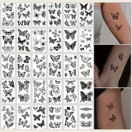 S.A.V.I 30 Pcs Black Butterfly Temporary Tattoos for Women & Girls | Safe Non-Toxic Waterproof Body Art Stickers | 9.7x5.7cm Minimal Design for Wrist, Neck, Shoulder | Easy to Apply & Remove (16)