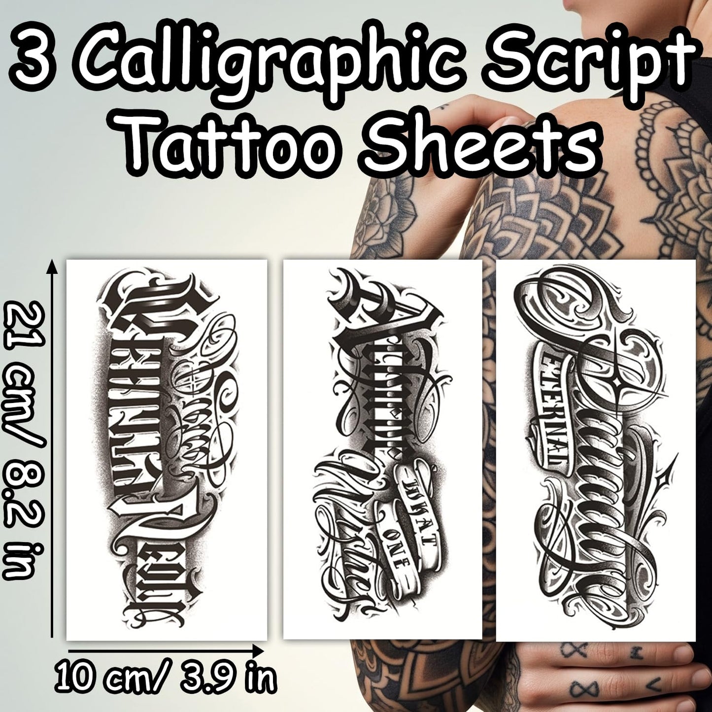 S.A.V.I 3 Sheets Large Calligraphic Script Temporary Tattoos for Men – Waterproof, Non-Toxic Black Body Art Stickers 21x10cm for Arm, Shoulder & Back – Easy Apply & Remove, Long-Lasting
