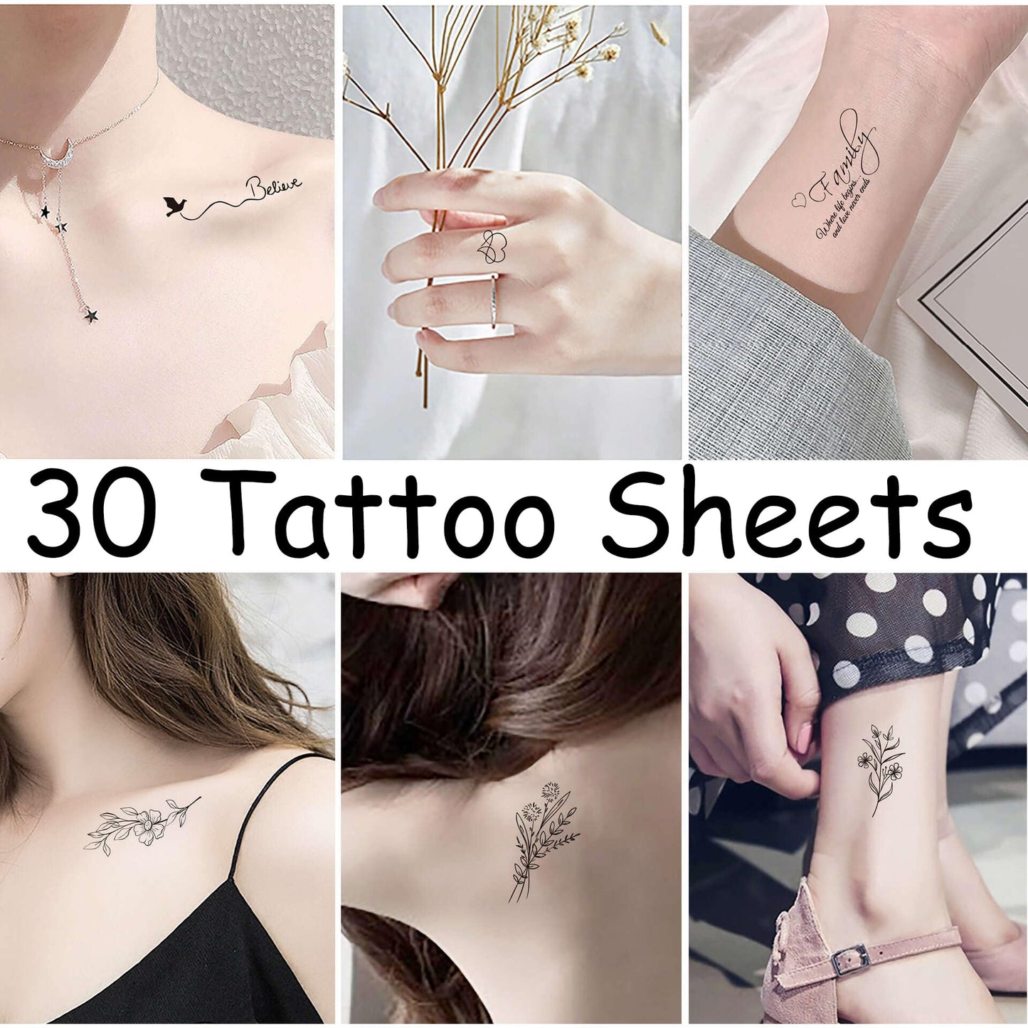 S.A.V.I 30 Pcs Black Temporary Tattoos for Women & Girls – Safe Non-Toxic Waterproof Body Art Stickers | Small Minimal Designs | 5x7.5cm Size | Long Lasting Stylish Fake Tattoo Set (14)