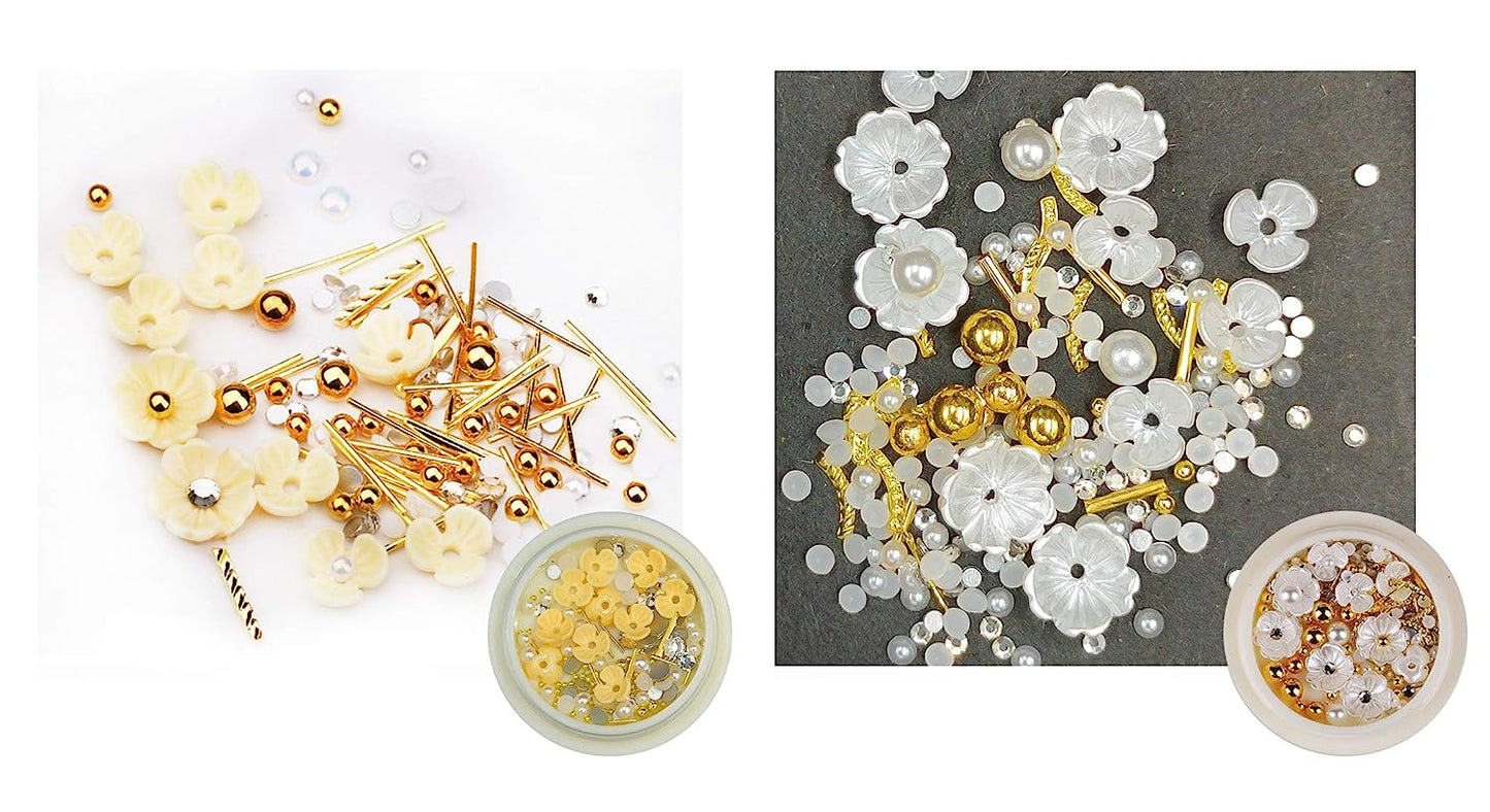 S.A.V.I (Set of 2) Nail Art Set Rivet Rhinestone Resin Decoration Shell Flower White Pearl Golden Beads Yellow Color