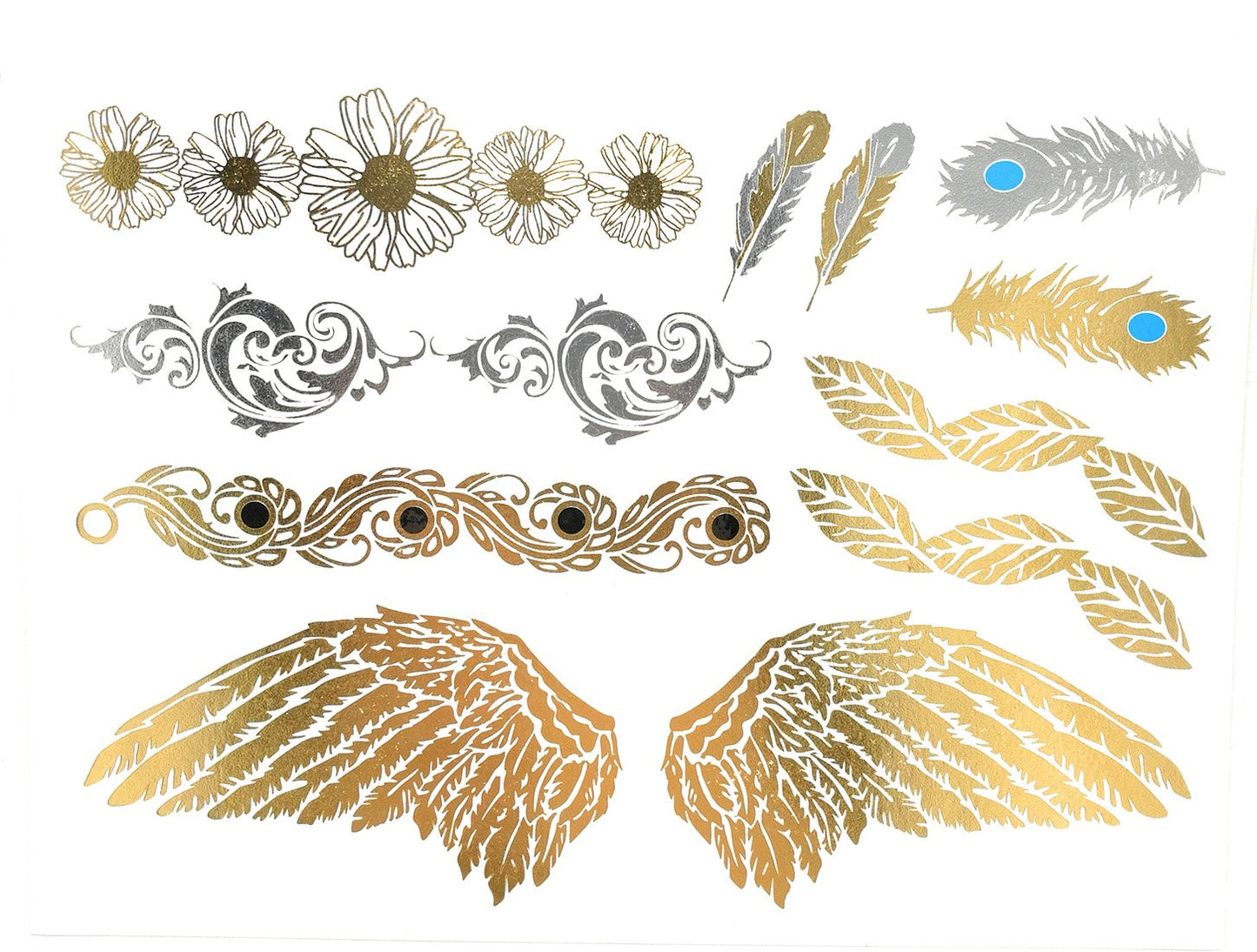 S.A.V.I 3D Temporary Tattoo Golden and Silver Metallic Sticker Wings Peacock Feathers Design Size 21x15cm - 1pc. (202), Gold, 13 g