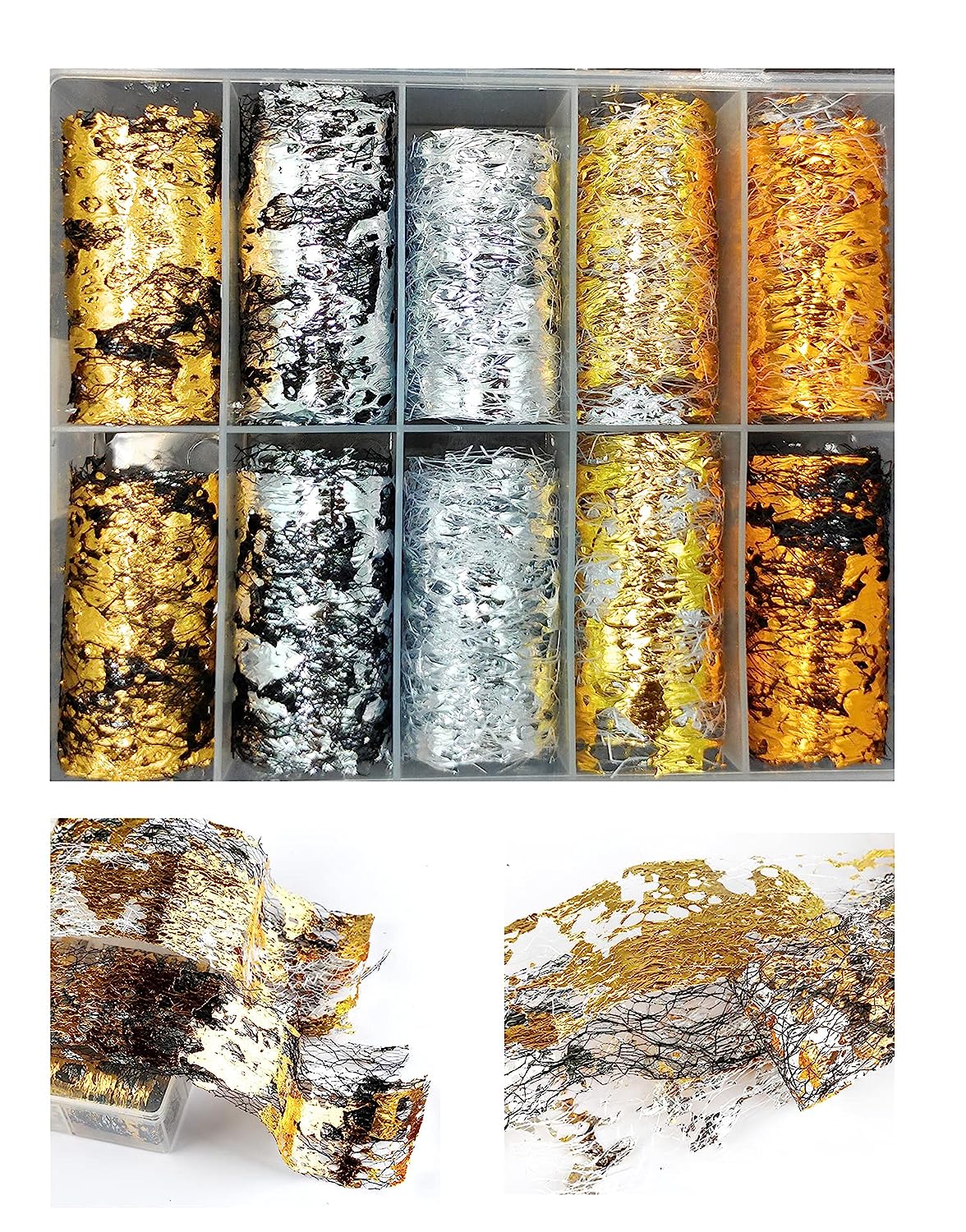 S.A.V.I 10 Rolls Nail Foil Transfer Sticker DIY Holographic Nail Decoration, 10 Designs Gold Silver Black Wire Mesh Nail Foil