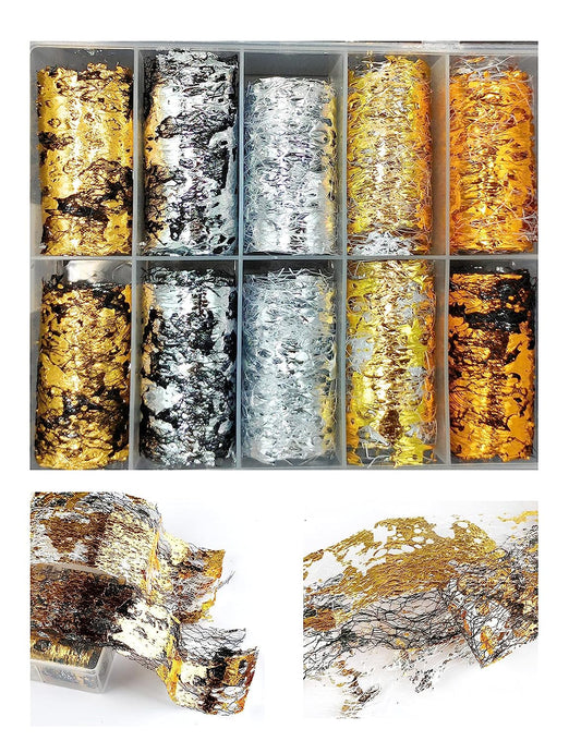 S.A.V.I 10 Rolls Nail Foil Transfer Sticker DIY Holographic Nail Decoration, 10 Designs Gold Silver Black Wire Mesh Nail Foil