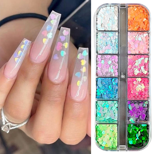 S.A.V.I Heart Nail Art Sequins - 12 Candy Laser Colors | Holographic 3D Nail Glitter for DIY Nail Decoration | Acrylic, Gel  Manicure Nails | Nail Art Accessories for Women  Girls