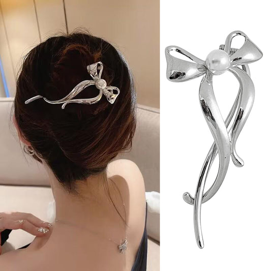 S.A.V.I Silver Bow-Shaped Metal Hair Clip for Women | Stylish Pearl Accent Hair Clutch | Elegant Party, Festive  Casual Hair Accessory | Durable  Lightweight Design (11.2 x 5.1 cm)