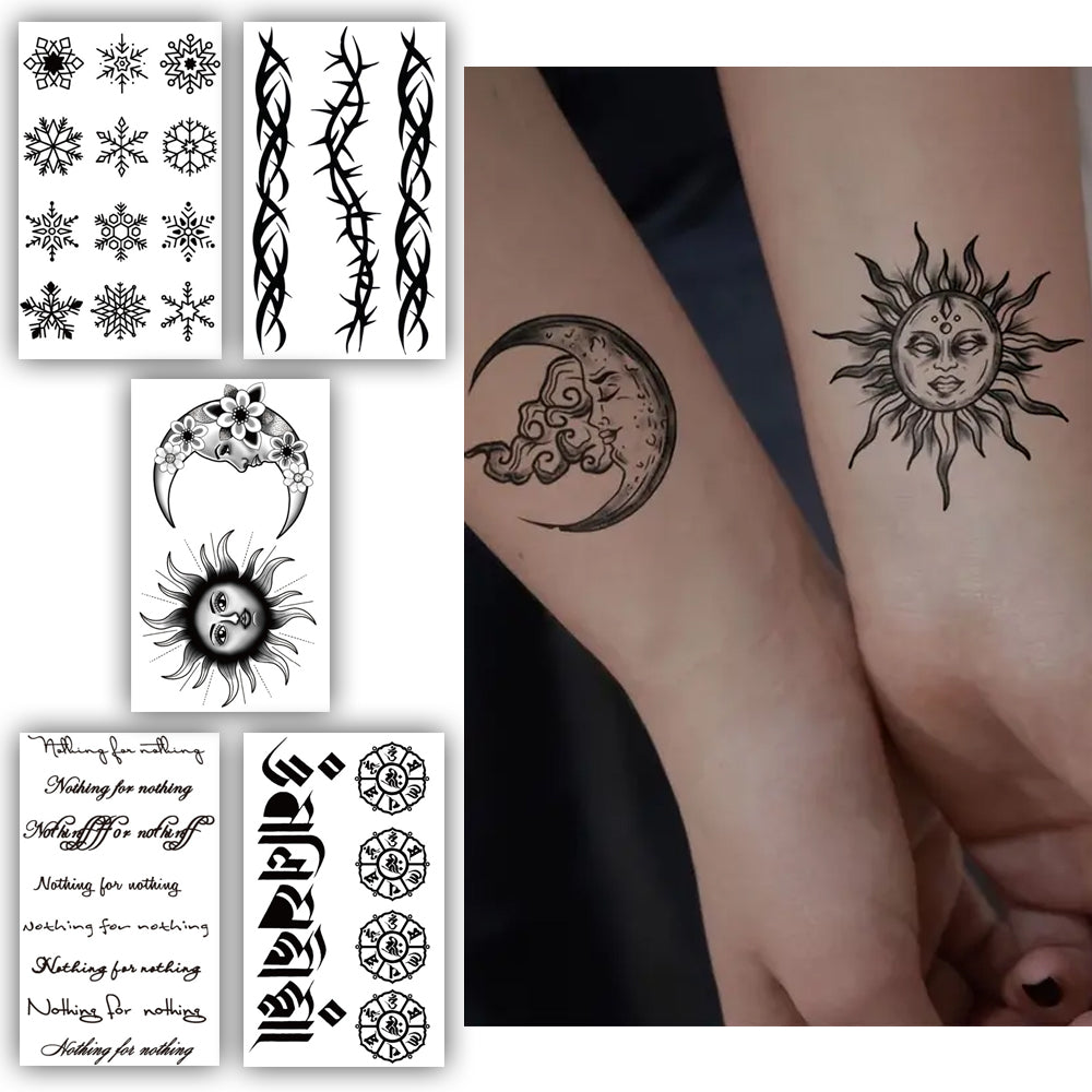 S.A.V.I 5 Sheets Waterproof Temporary Tattoos for Women  Men - Tribal, Floral, Text  Sun Designs - Easy to Apply  Remove - Perfect for Parties  Festivals - 10.5x6cm Each Sheet
